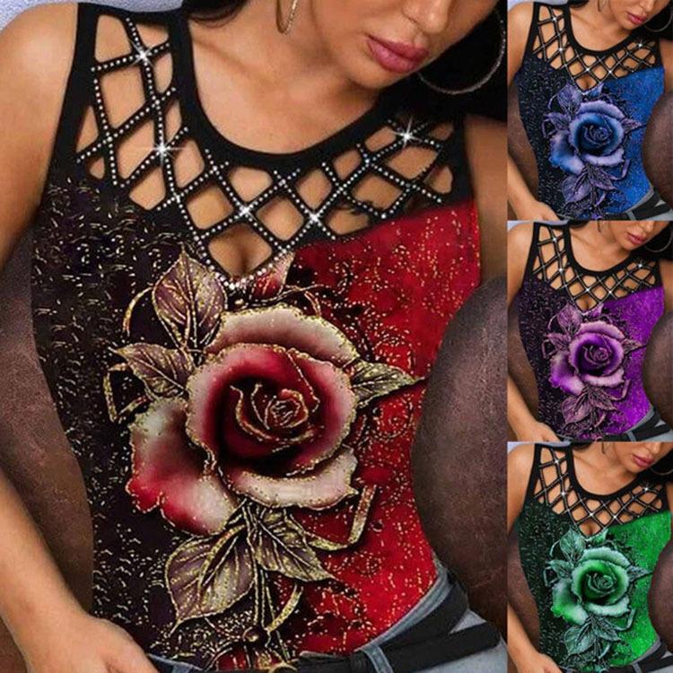 women's Rhinestone Hollow Out 3D Rose Print Slim Fit Tank Top Sleeveless Casual Camisole Top