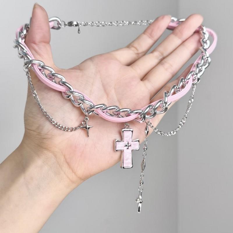 Y2K Gothic Chic Cross Pendant Tassel Choker Necklace Women Alloy Locket Chain Sweet Punk Style