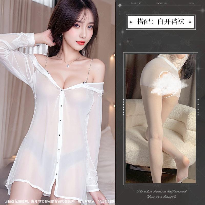 Sex underwear set sexy sweet wind chiffon white shirt uniform temptation nightdress perspective off the shoulder