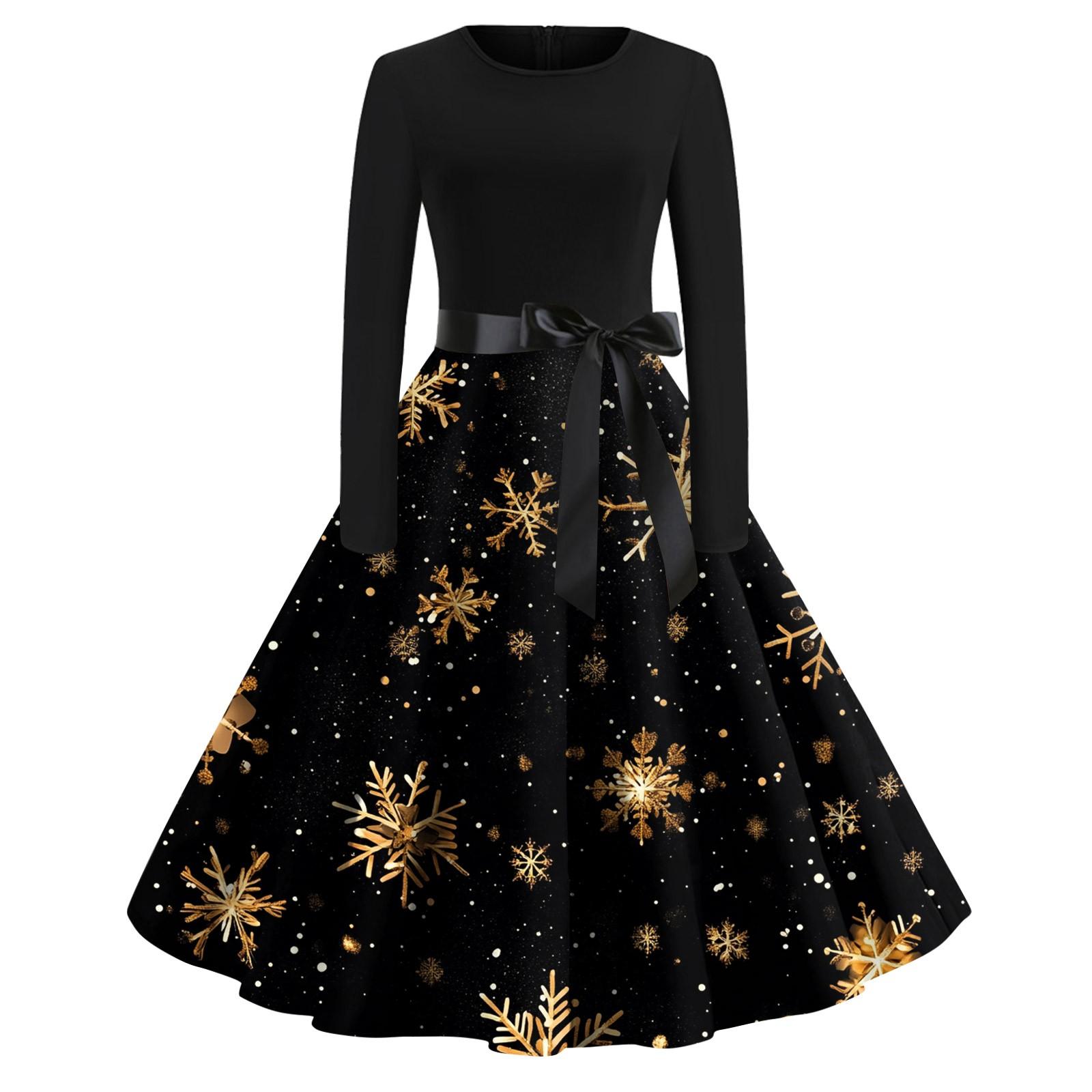 

Женское модное винтажное платье с длинным рукавом и круглым вырезом с рождественским принтом L чёрный