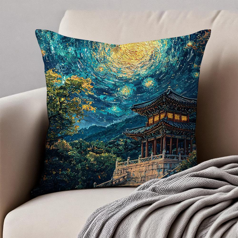 Historic Korean Landmark FFoguo Temple Cushion Cover Pillowcase Antidustmite Invisible Zipper Short Plush Sofa Cushion
