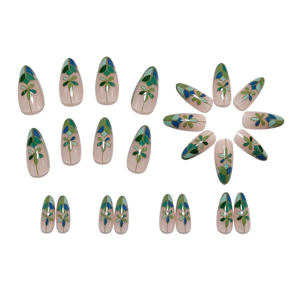 Floral Green Plaid Gradient Press-On Nails: Chinese Niche Style