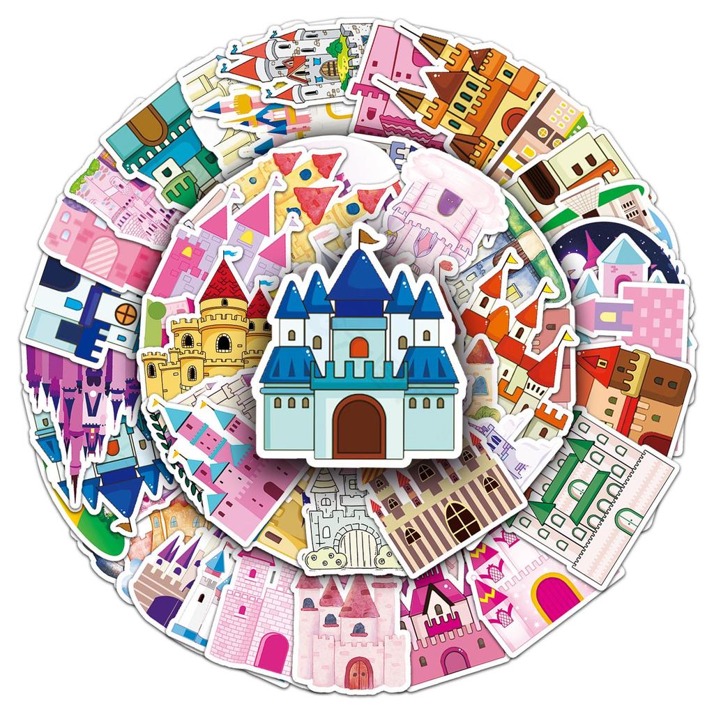 50-Piece Castle Cartoon Waterproof Decorative Stickers for Suitcases, Scooters, Computers, and Tablets