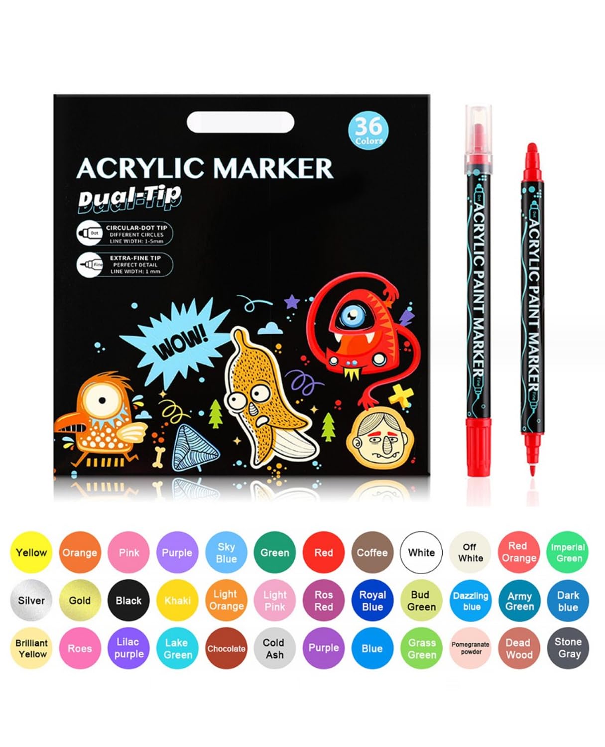 

TOMSING Acrylic Marker Pen for Painting on Plastic and for Handmade Crafts 36-Color Set, Water-Resistant, Boards, Fabric, Bags, Ceramic, Stone,