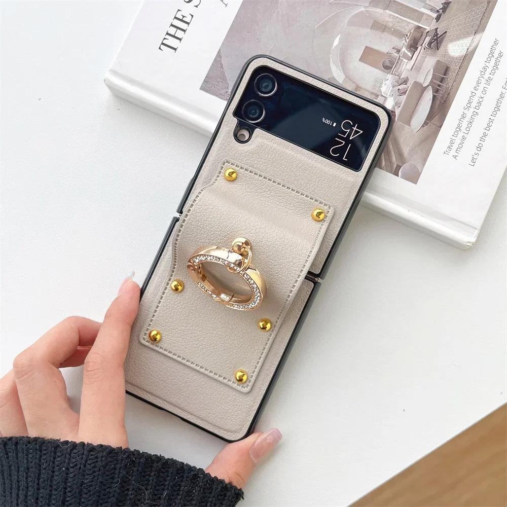 Ring Holder Phone Case  for Samsung Galaxy Z Flip6 Flip5 Flip4 Flip3 Flip 6 5 4 3 5G Folding Hinge Protection PU Leather Cover