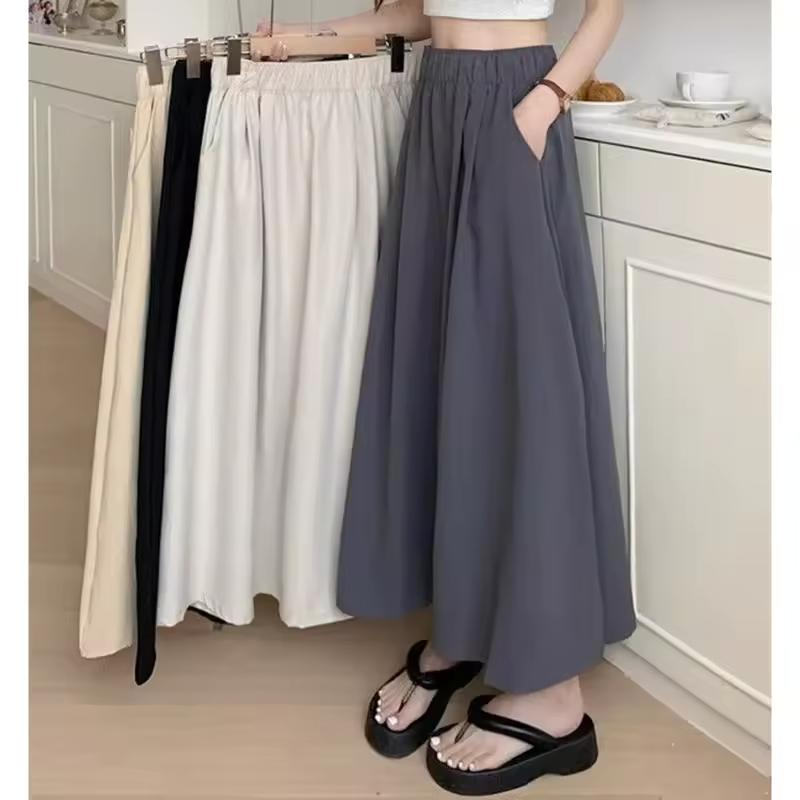 Women's Spring/Fall Loose-Fit High-Waisted Skirt: Slimming, Pleated, Solid Color, Elastic Waist, A-Line, Mid-Length
