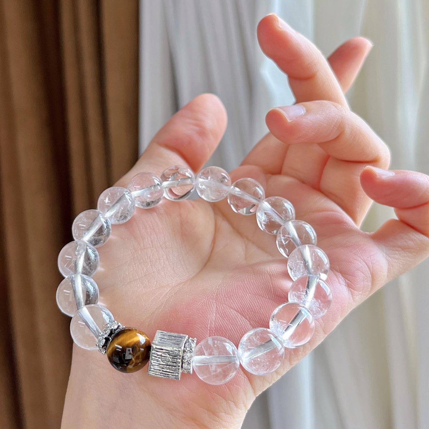 10Mm Natural White Crystal Tiger S Eye Design Bracelet