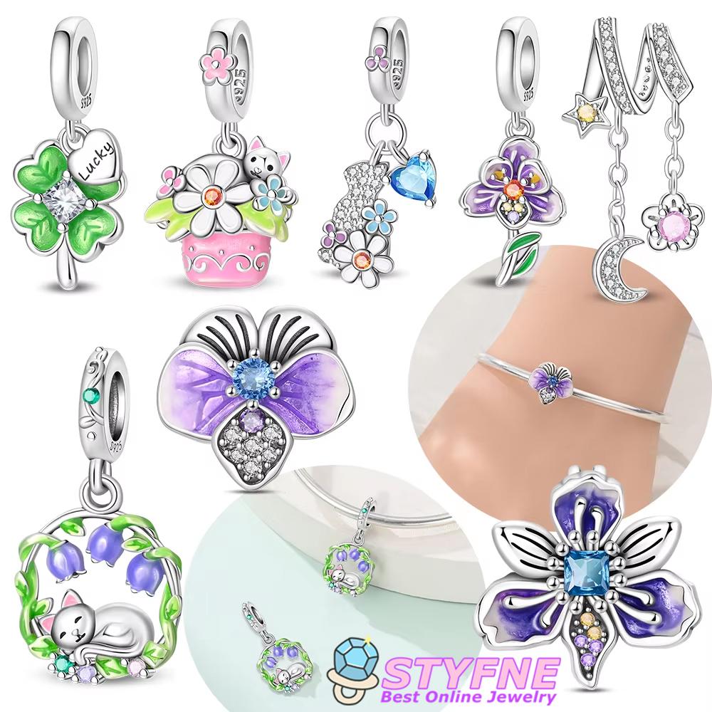 Classic Pendant Original Copper Purple Flower Bellflower Cat Stars Moons Bead Fit Bracelet Fine Gift Jewelry Accessory Set