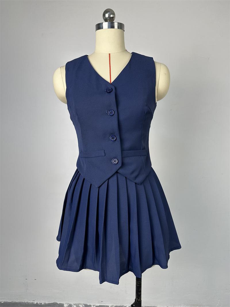 

Женский летний однотонный жилет без рукавов с v-образным вырезом, плиссированная юбка до половины тела, комплект 2XL темно-синий