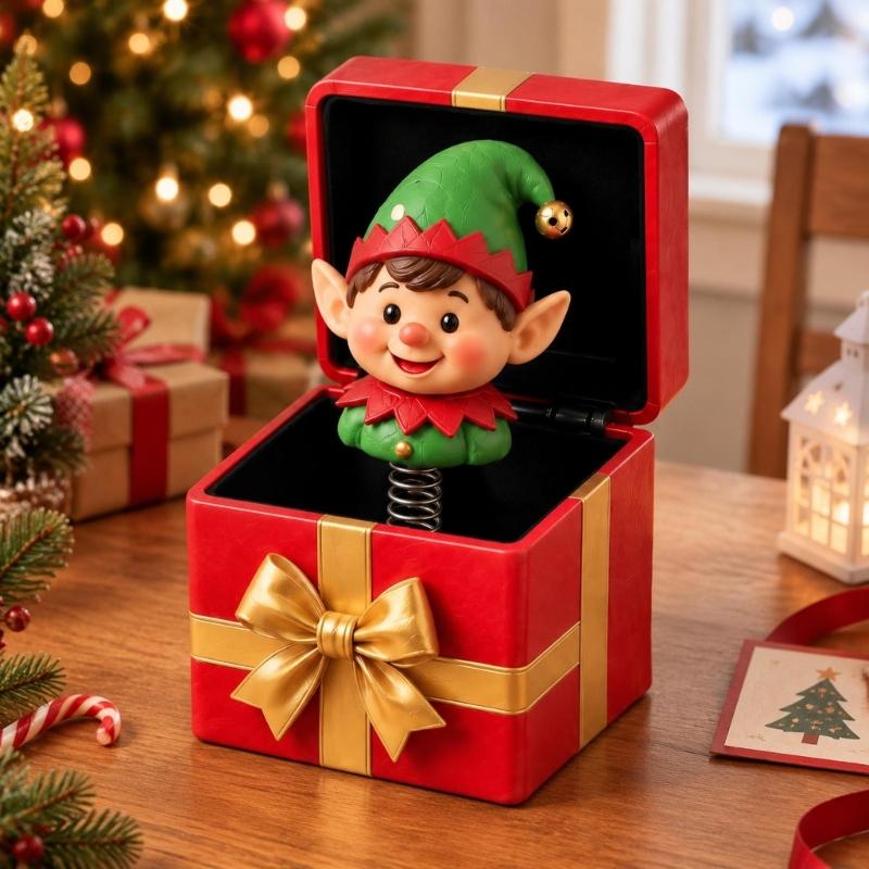 Hinged Christmas Gift Box Toy with a Spring-Mounted Figure That Rises As the Lid Opens for Holiday Gift Giving