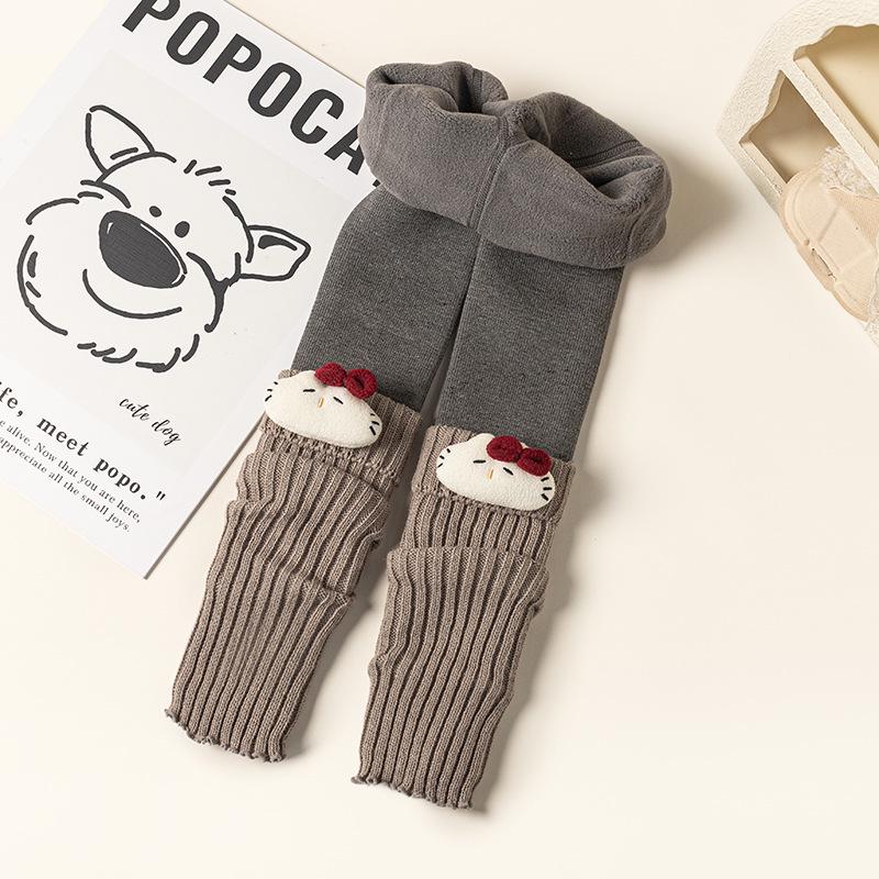 Gray Cartoon Cat Princess Fleece-Lined Girls Winter Leggings L 5-7 years