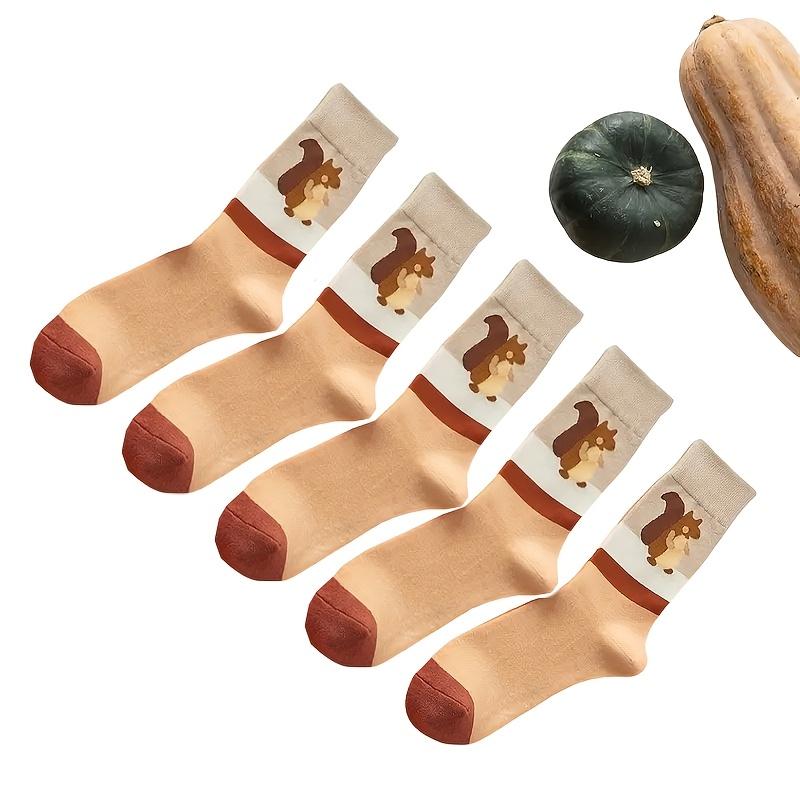 Autumn-Inspired 5 Pairs of Knee-Length Socks with Cartoon Squirrels and Pumpkins Design, Comfortable Fit Polyester Blend with Stretch