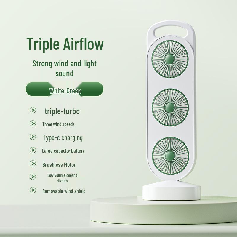 Compact Three-Head Air Circulation Fan: Portable, Rechargeable, Desktop Fan for Dorms 12.4×8.7×37.3 cm