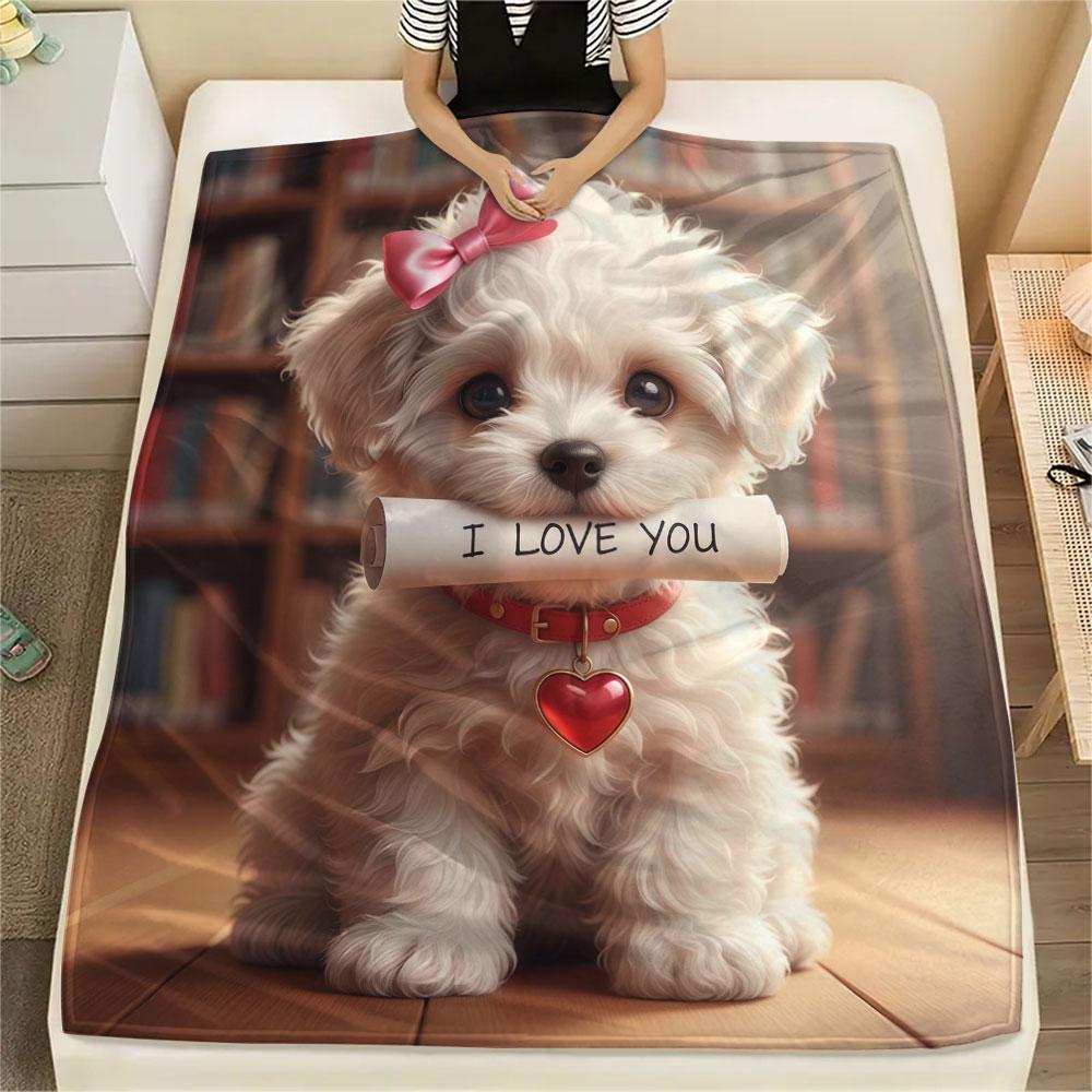 1Pc Iloveyoudog Print Flannel Blanket, High Quality Comfortable for All Seasons, Home Decor, Warmth and Comfort, Perfect for Christmas Gifts