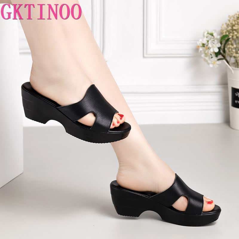 Fashion GKTINOO Women Slipper Sandals Wedges Platform Genuine Leather Peep toe Female Sandals Ladies clogs Summer Shoes Plus Size 41 42