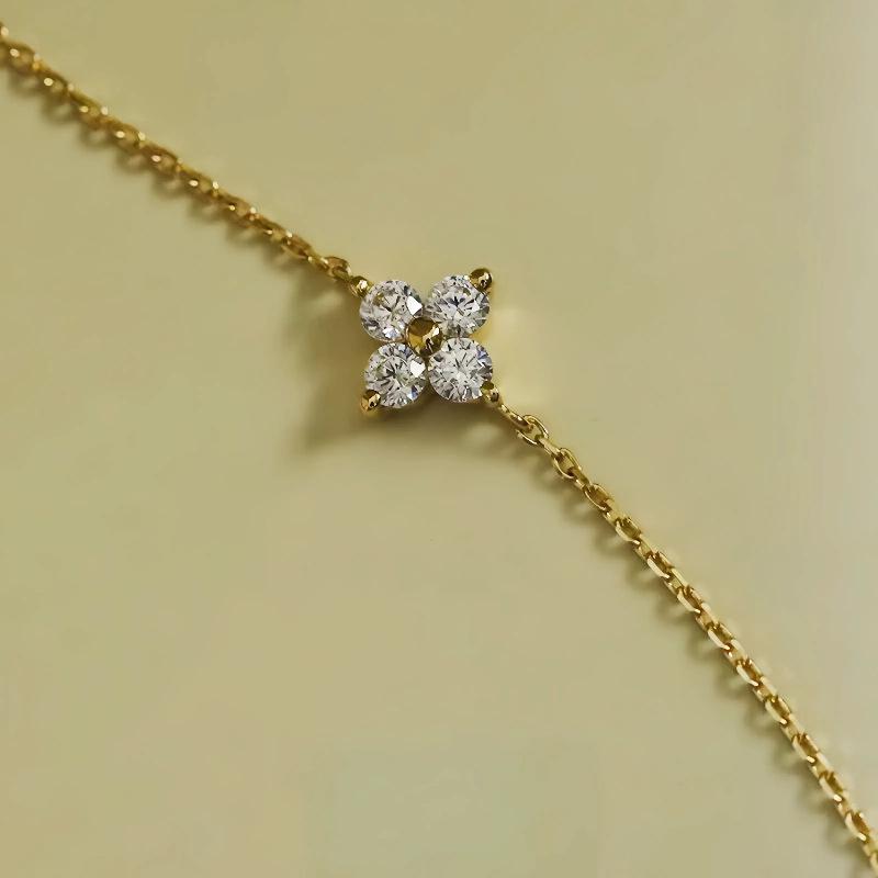 14K Gold-Plated S925 Sterling Silver Four-Leaf Clover Anklet with Diamond-Inlaid Flower Design for Women