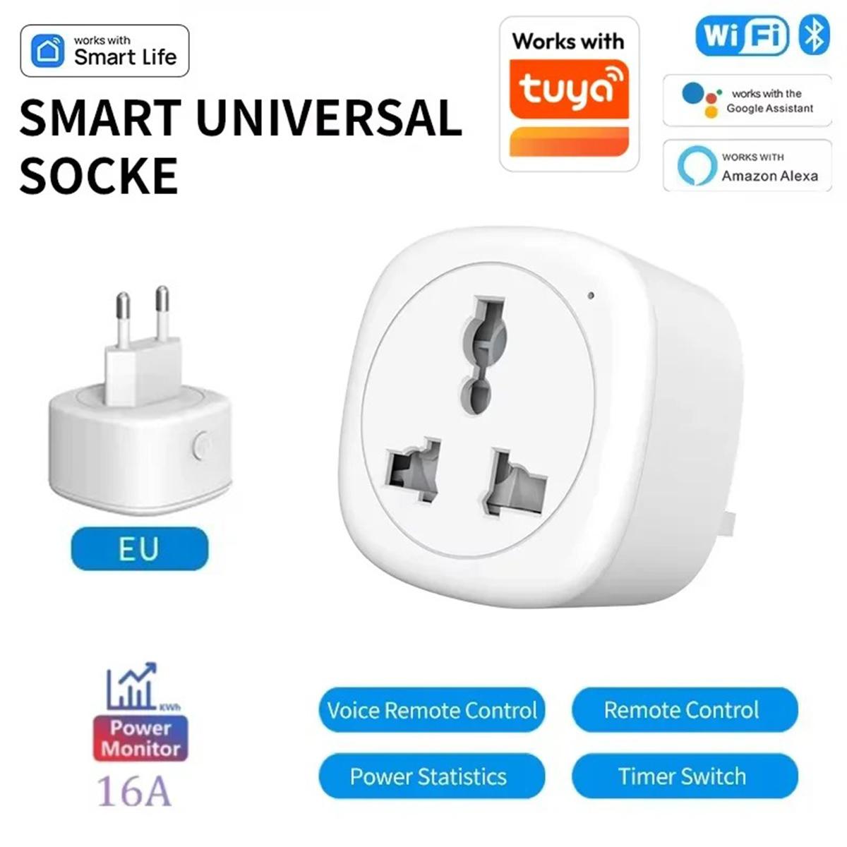 

16A Power Monitor WiFi Universal Plug Smart Life APP Voice Control With Tuya Alexa Google Home Compatible For Global Traveling 1pcs