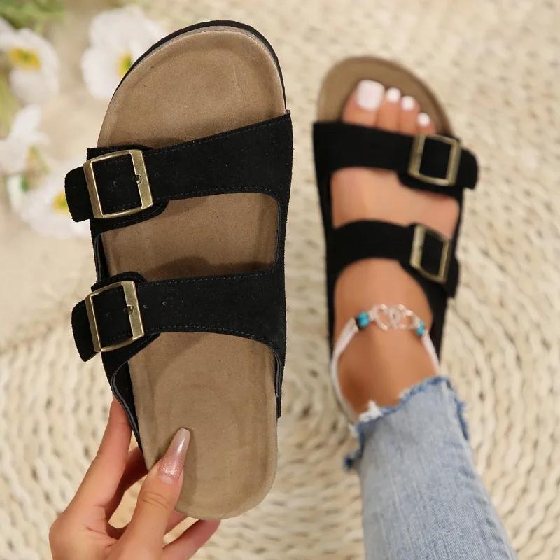 Fashion Ladies Shoes 2024 Hot Sale Slingbacks Women's Slippers Summer Open Toe Rome Buckle Solid Flat Casual Beach Large Size Slippers