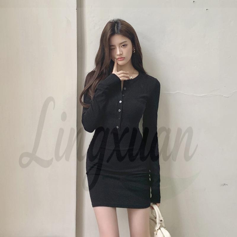

Spring 2026 New Design Slim Fit Button-Up Dress with Long Sleeves and Hip-Hugging Short Skirt Small