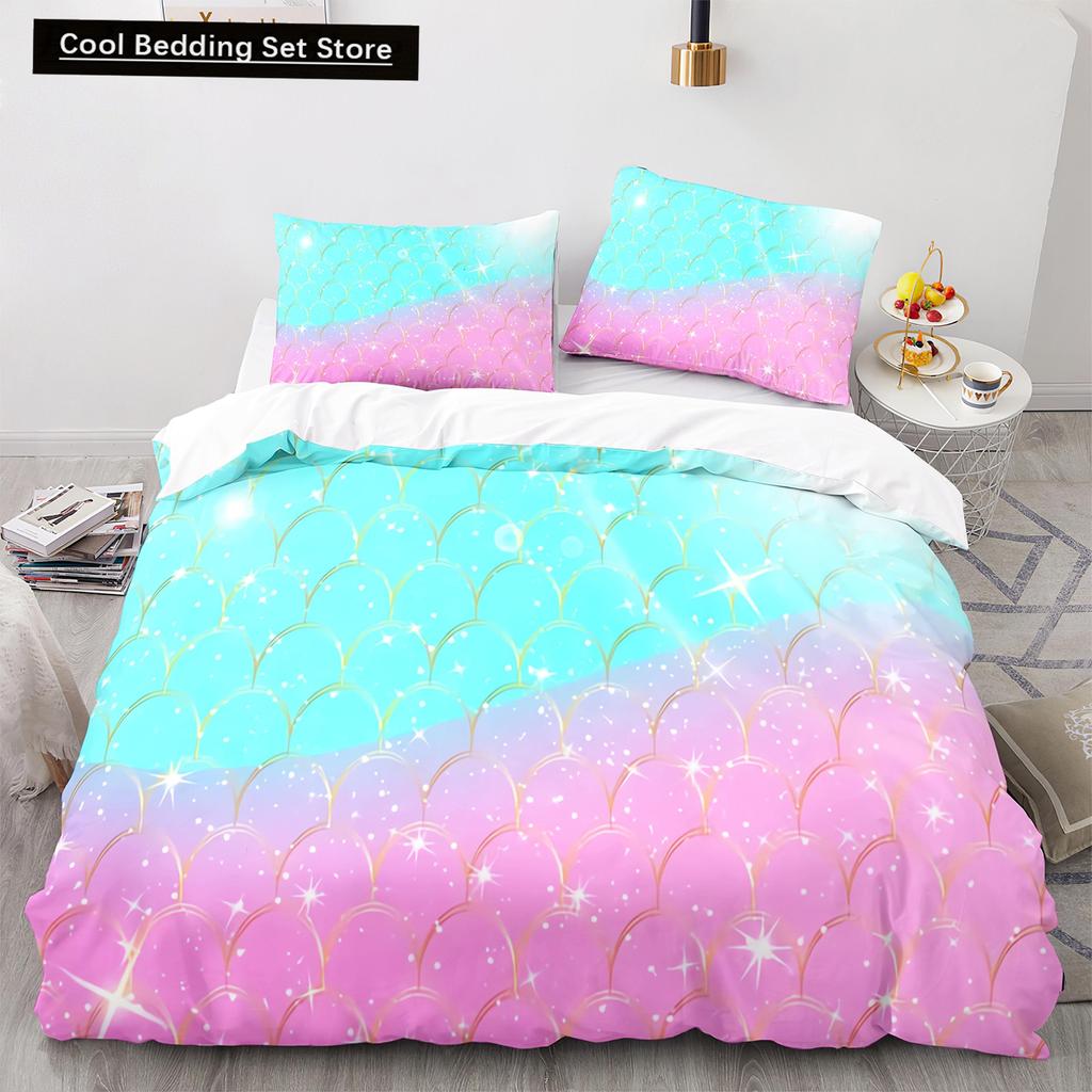 Mermaid Tail Duvet Cover King Queen Size Kids Fish Scales Bedding Set Girly Ocean Animal Princess 2/3pcs Polyester Quilt Cover