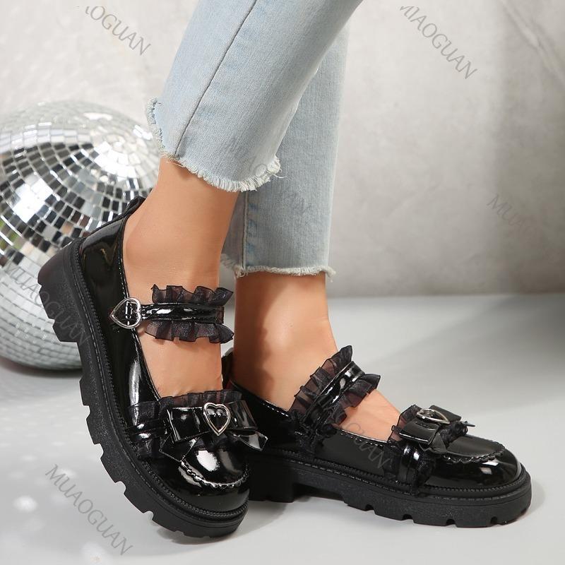 Fashion Japanese Sweet Lolita Women's Shoes Black Spring Autumn Thick Bottom Leather Mary Jane Pumps Casual Lace Belt Buckle Single Shoe