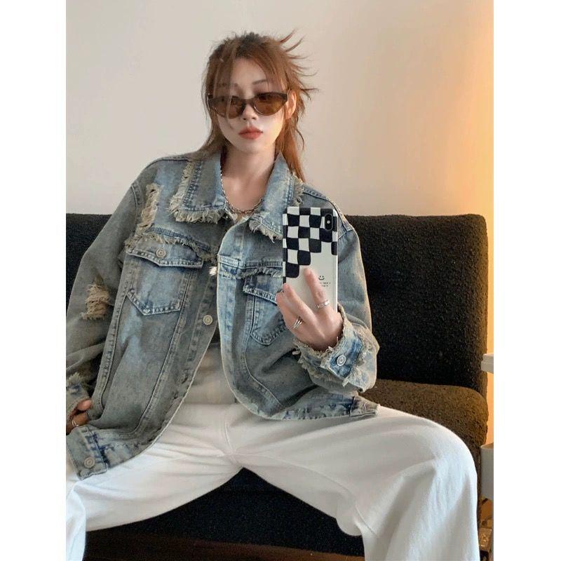 Spring 2025 Women's Retro Loose Ripped Denim Jacket