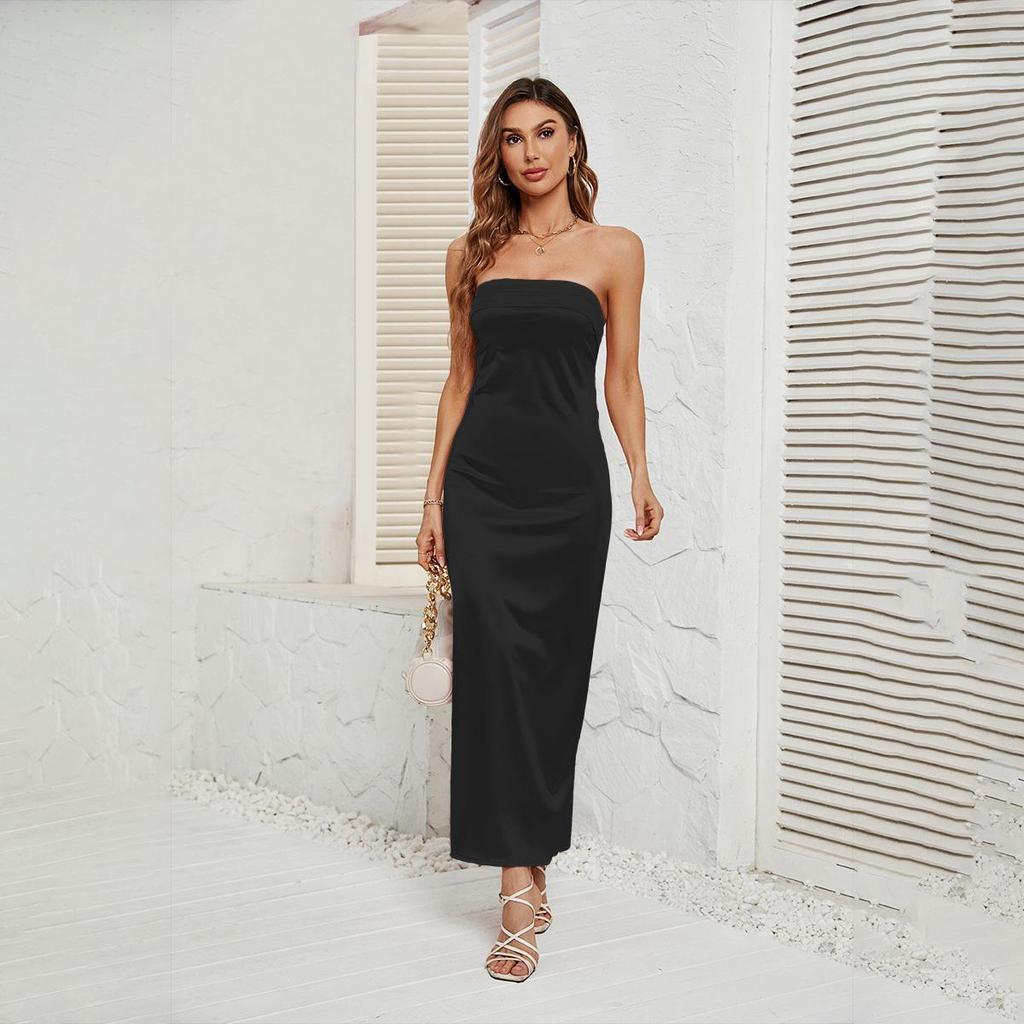 Frauen Design Sinn Rückenfreies Bustier Solide Ankel-Länge Ärmelloses Kleid Hohe Taille