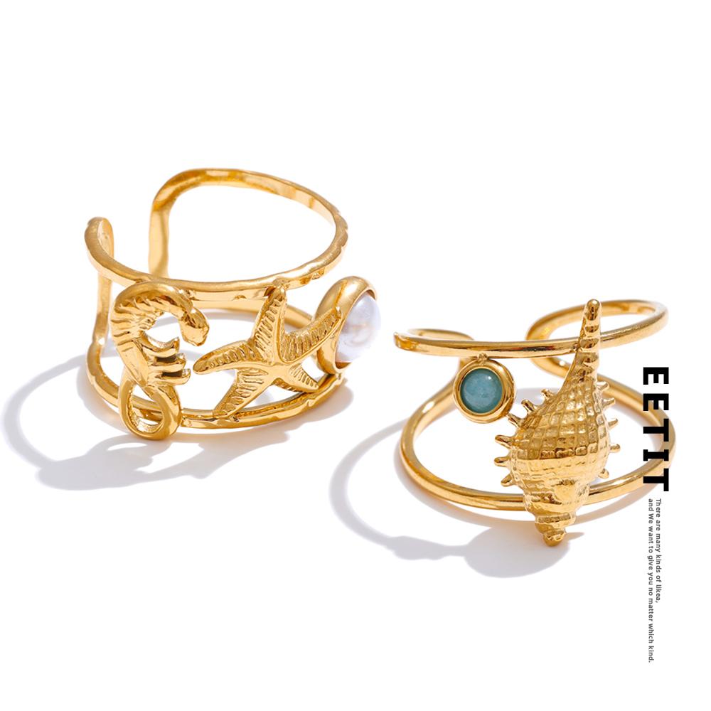 Eetit Ocean Style Seahorse Starfish Shell Open Adjustable Ring PVD Plated Golden Holiday Finger Adjustable Jewelry Wholesale