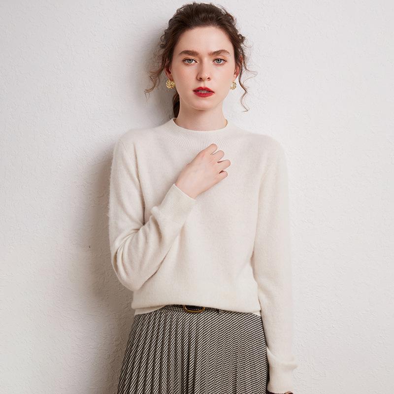 Women's Pure Cashmere Semi-High Neck Sweater - Autumn/Winter High-Quality Knit Base Layer