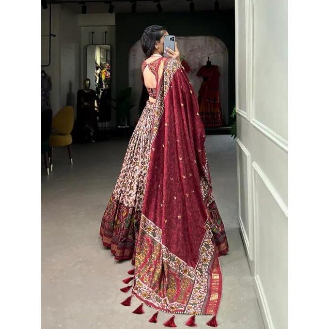 Dámská dokonale Kolekce Tussarové hedvábí Lehenga Choli Patola potisk s fóliovou prací, Nesešitá halenka,