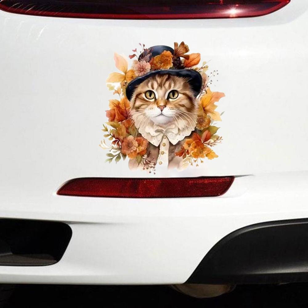 QT2185#15cm Adorable Cat In A Hat Surrounded by Flowers Car Sticker, Suitable for Laptop, Car, Truck, Van, SUV, Motorcycle, Bumper, Window