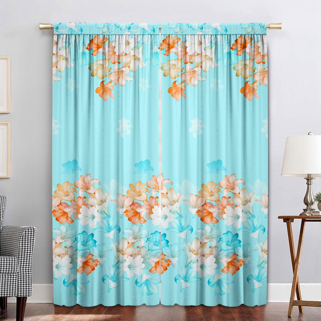 2PC Home Decoration Curtains With Large Green Flowers And Rod Pockets, Kitchen,Coffee Shop, Living Room, Balcony, Garden