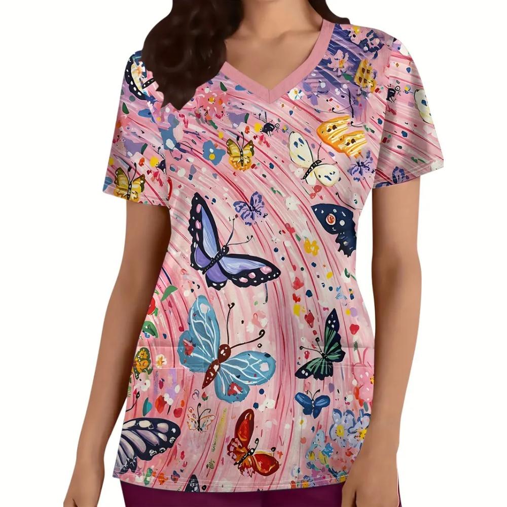 Fashion Butterfly Print Surgical Uniforms Woman Microelastic V-Neck with Pockets Clinical Uniform Short Sleeve Medical Clothes