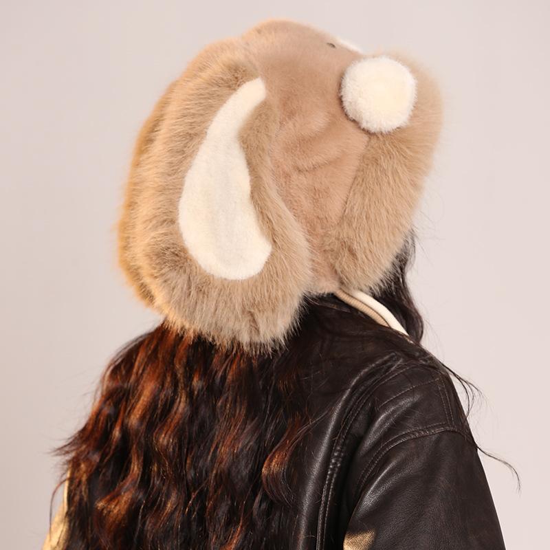 Looping Ears Rabbit Hat for Women with Furry Pullover Hat Showing Face Small Ear Protection Bag Head Hat Thickened Lei Feng Hat Trendy