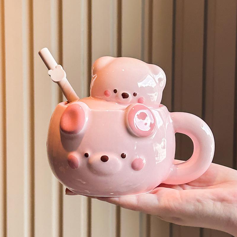 Cream Bear Cup Girls High-value Ceramic Mug with Lid Household Drinking Cup Birthday Gift Souvenir
