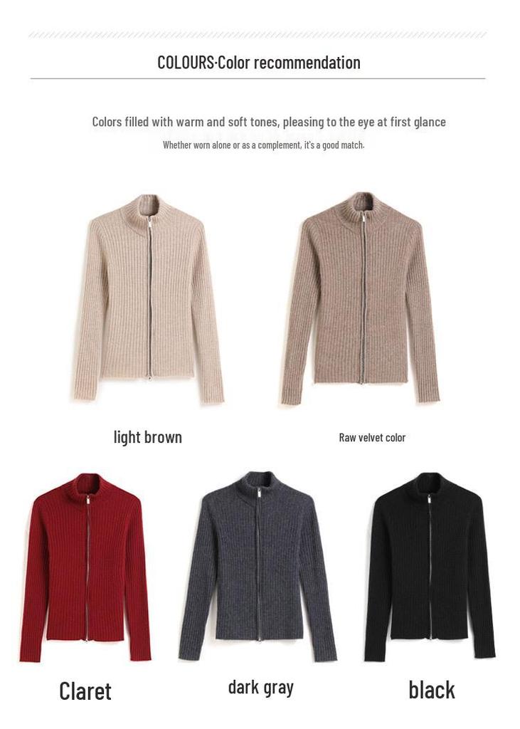 Women's Korean Style Cashmere Stand Collar Zipper Cardigan - Striped Slimming Knitwear for Autumn Winter