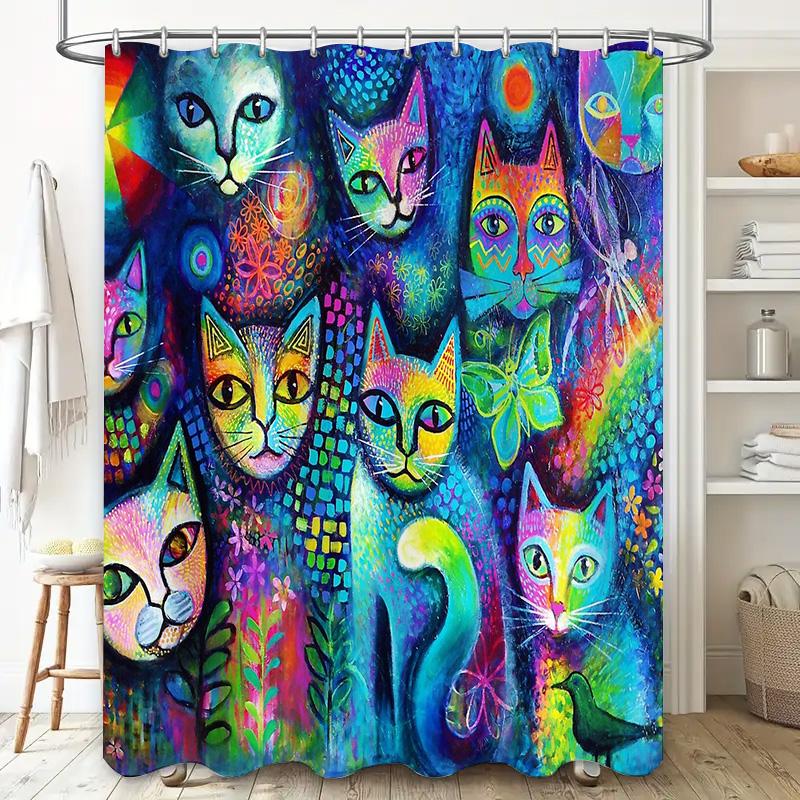 Cat Shower Curtain Artistic Animal Lover Decor Modern Bathroom Set Waterproof Liner Vintage Pattern Home Decoration Gift Idea