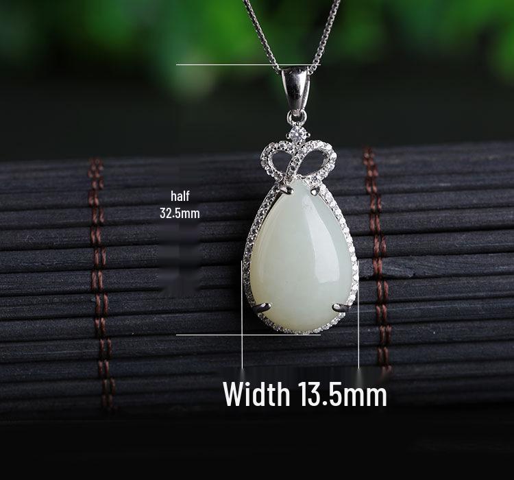 Hetian Jade Teardrop Pendant Necklace, Sterling Silver Crown Inlaid White Jade, Court Style Jewelry Gift for Women