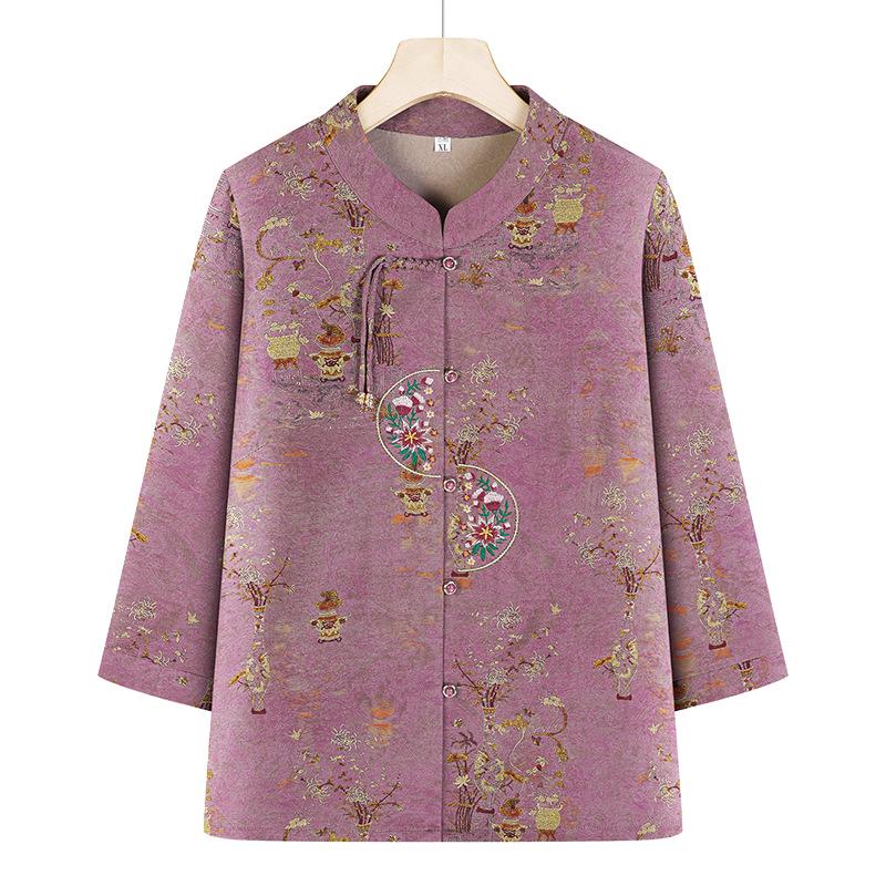 Stylish Round Neck Button-Up Shirt for Middle-Aged & Elderly Women - Lightweight Spring/Summer Top XL
