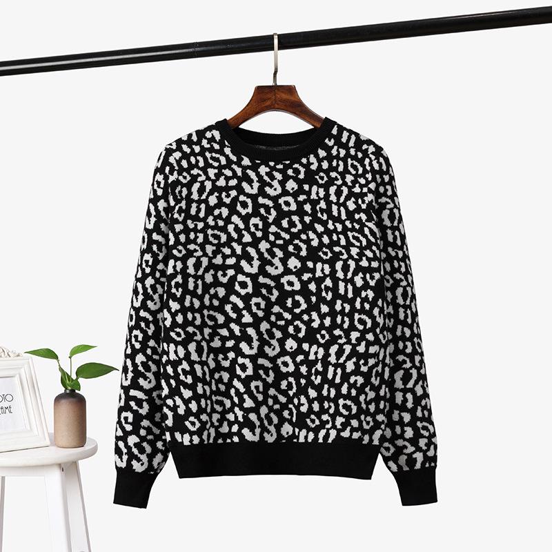 Leopard Print Women's Color Block Knit Sweater - Autumn/Winter Loose Pullover