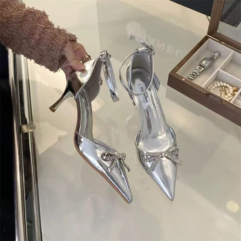 Fashion Women's Stiletto Sandals Spring New Pointy Head Shallow Mouth Rhinestone Butterfly Knot Anti-slip Wear-resistant High Heels