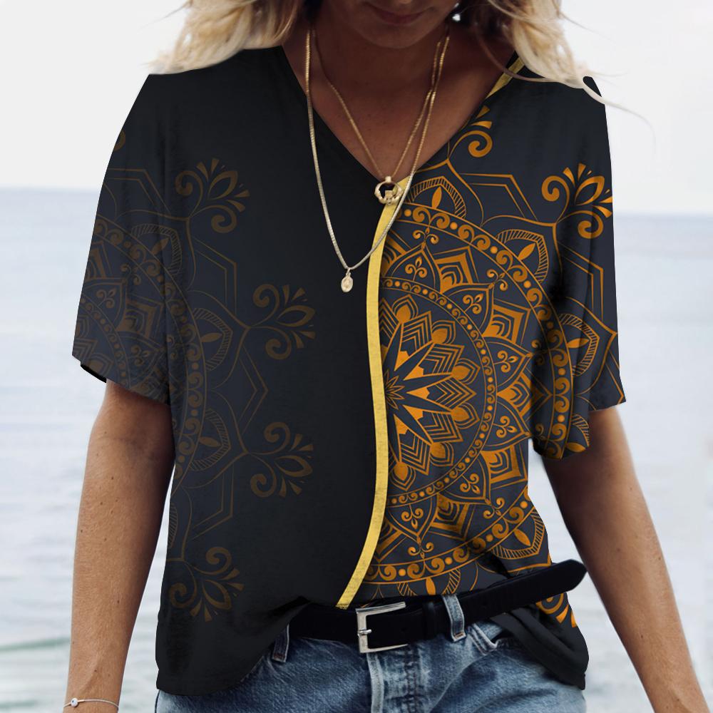 2023 neue frauen Kleidung Sommer Print T Shirt Mandala Gradienten Kurzarm Tops V-ausschnitt Pullover T-shirts Casual Streetwear plus Größe 5XL