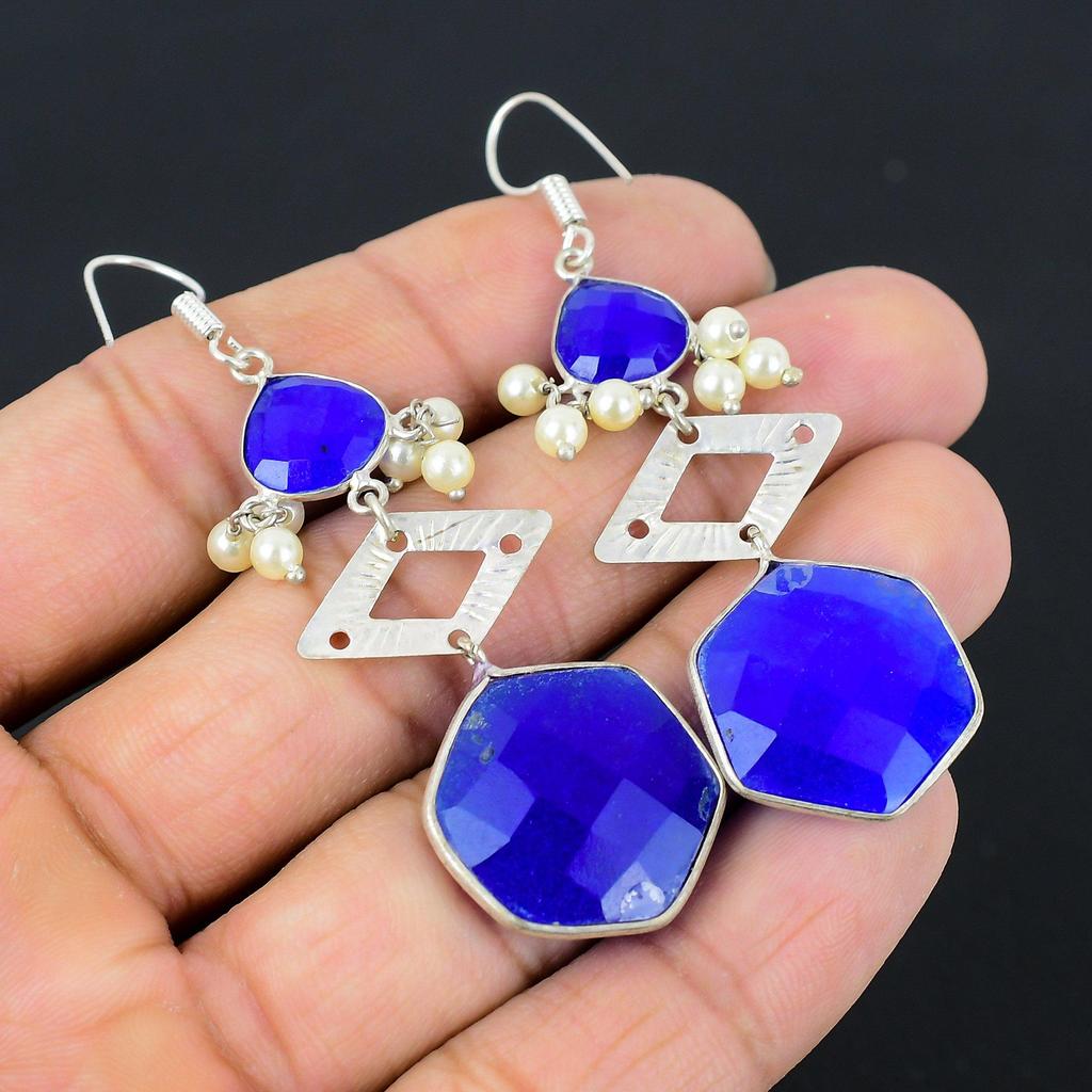 Freundschaftstag Sale Blauer Saphir Stein 925 Silber Neue Hängeohrringe Schmuck