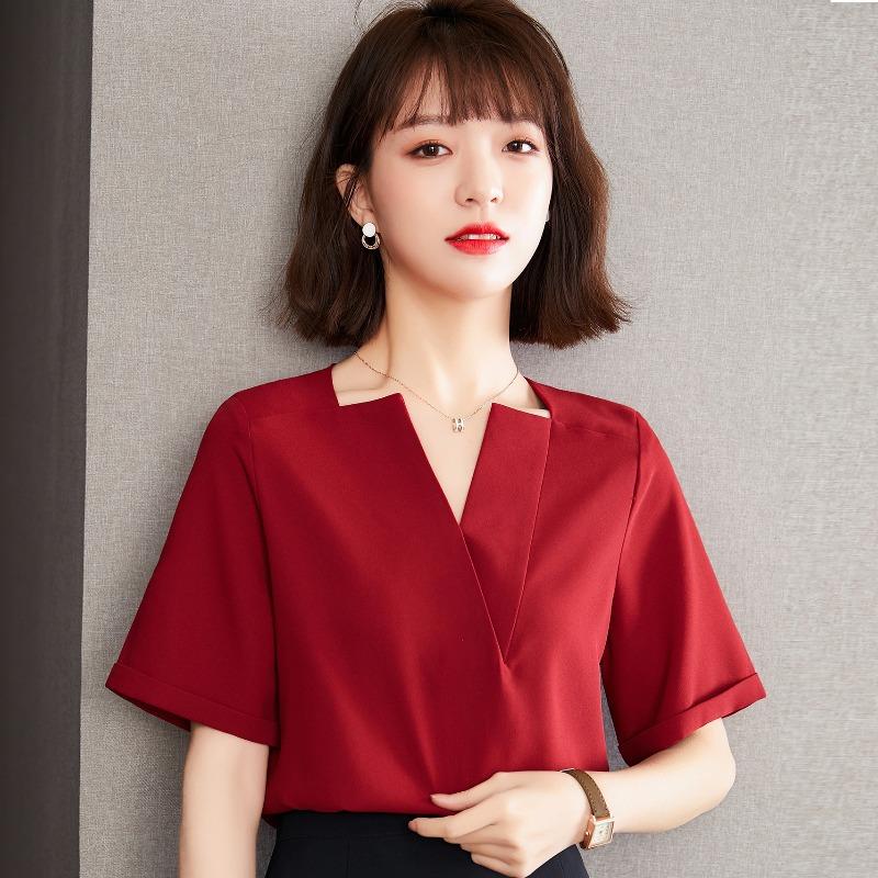 Rotes kurzärmeliges Chiffonhemd für Damen im Sommer im neuen Stil, modisches V-Ausschnitt-Oberteil