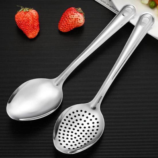 2Pcs Long Handle Slotted Spoon Set Stainless Steel Serving Spoons 10" Solid Spoon & Slotted Spoon Rust-Proof Kitchen Buffet Supply