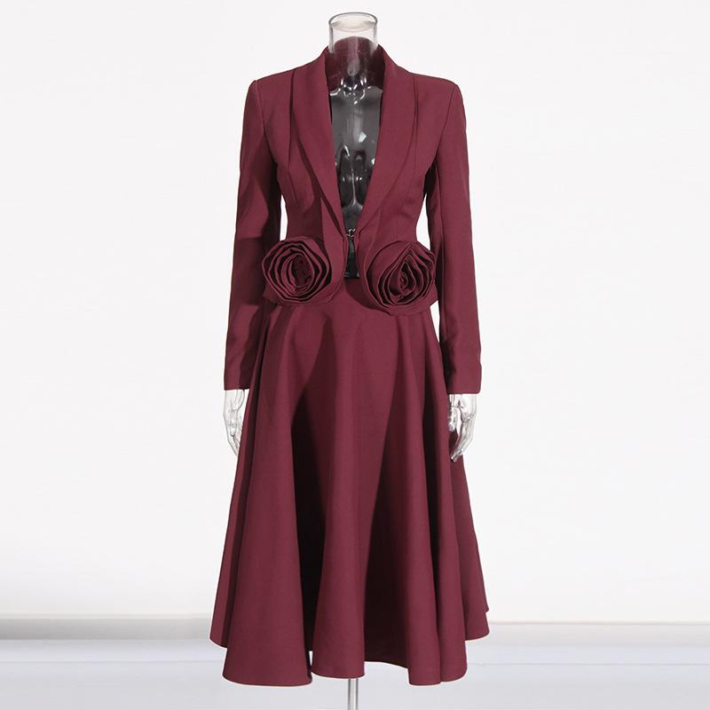 2025 Pink 3D Rose Two-Piece Set: Slim-Fit Blazer & Pleated Mid-Length Skirt