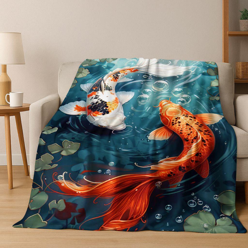 Luxuriöse Glückskarpfen Yin Yang Karpfen Cartoon Flanell Decke, Gemütliche Weiche Überwurfdecke für Zuhause Schlafzimmer Bett Sofa Abdeckung Geschenk Kind