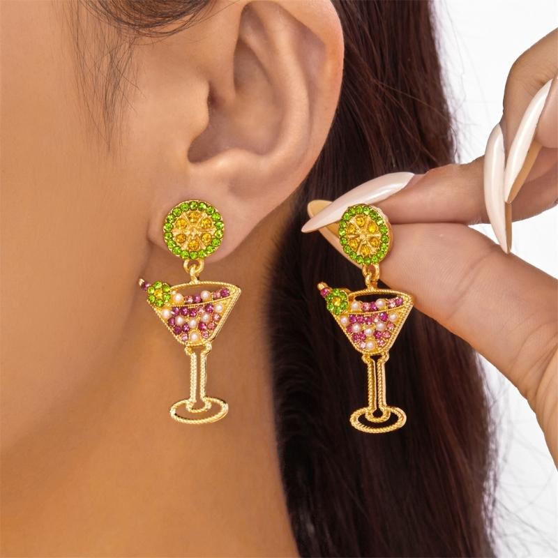 Stylish Wine Glass Earrings Featuring Lemon Charm And Crystals For Women Girls
