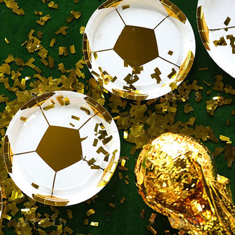 Golden World Football Soccer Kids Birthday Party Decoration Plates Straw Bunting Loot Bag Tablecloth Soccer Party Supplies