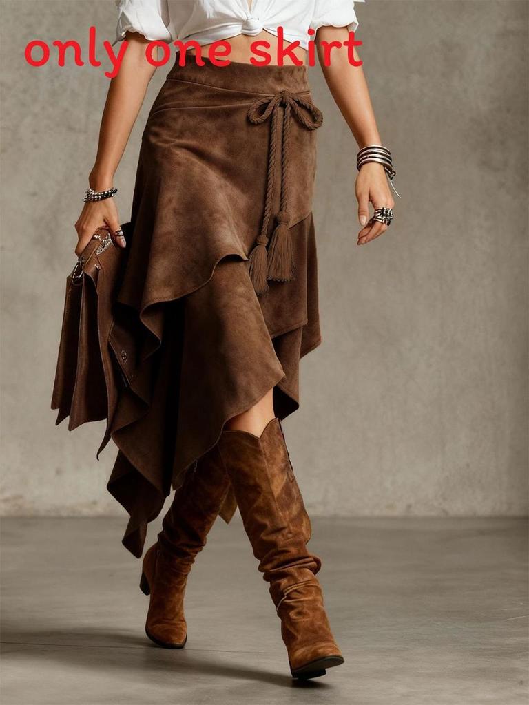 Polyester Aline Midi Skirt With Wrinkle Texture For Casual Travel And Dating
